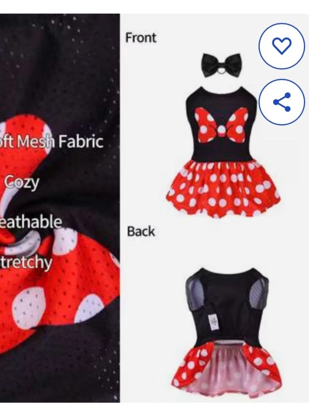 CuteBone Dog Dress Sz LG red white polka dot w/black bow mesh dress